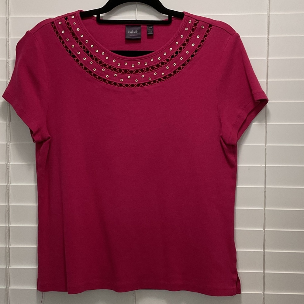 Rafaella Bright Fuchsia Short Sleeve Top with Eyelet & Lattice Neck